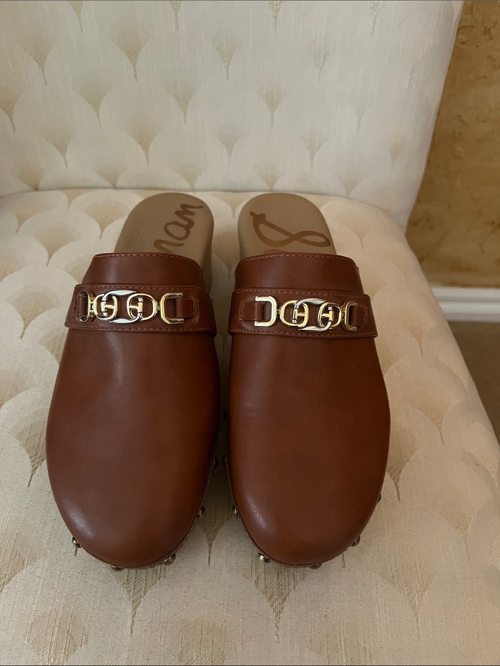 Sam Edelman Brown Leather Slip-On Mules with Gold Hardware